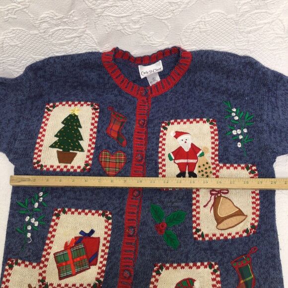 Carly St Claire Blue Red Patchwork Beaded Ugly Christmas Cardigan Vintage Small - Picture 5 of 7